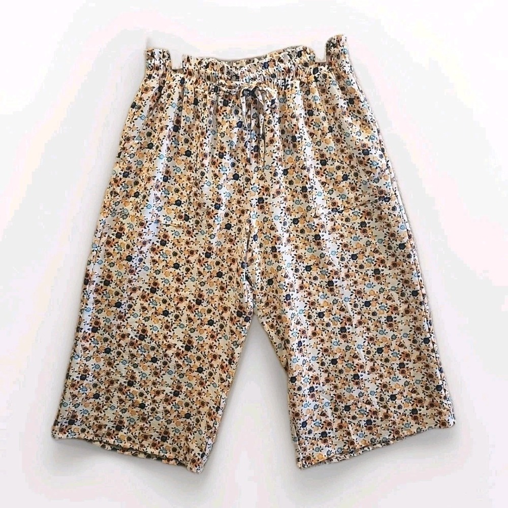 Lepunuo Culottes Women XL White Floral‎ Wide Leg Paperbag Waist Crop Pants #639